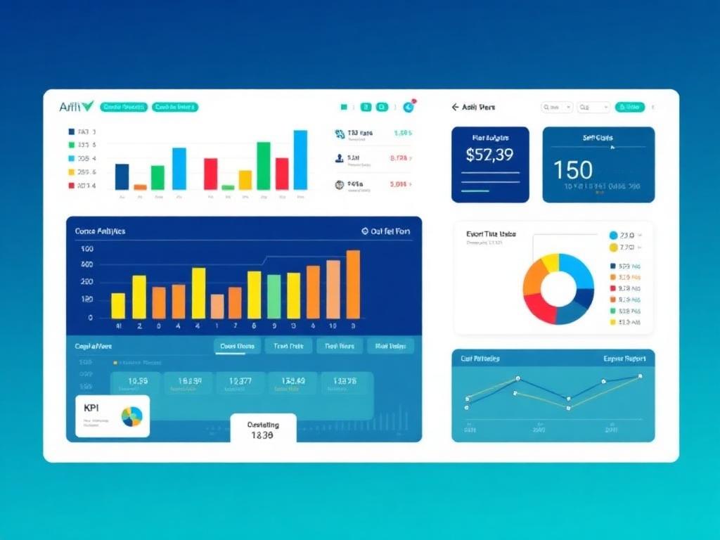 Dashboard com gráficos coloridos, indicadores e exportação de relatórios