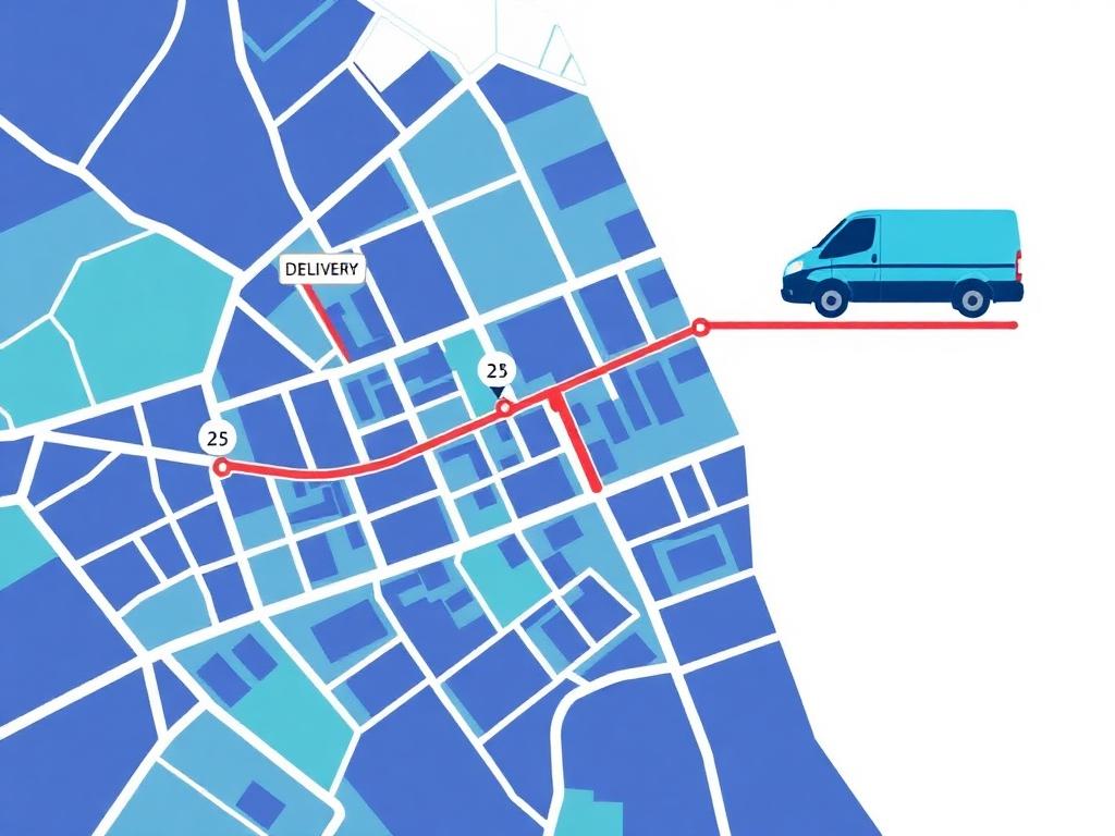 Mapa da cidade com rota otimizada, paradas numeradas e veículo da equipe